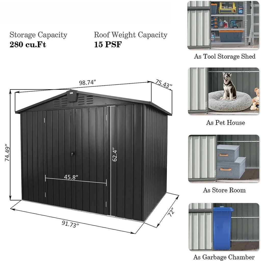Capri 8.2'x 6.2' Outdoor Storage Shed, Metal Garden Shed for Bike, Trash Can, Galvanized Steel Outdoor Storage Cabinet with Lockable Door for Backyard, Patio, Lawn, Black