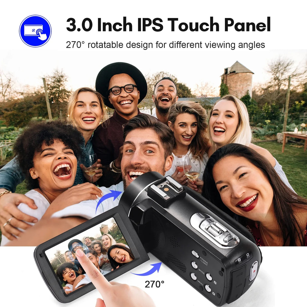 Andoer 2.7K Digital Video Camcorder  Recorder 48MP 16X Digital Zoom 3.0 Inch  Touch Panel Supports Face Detection Beauty Face Smile Capture -shake with 2pcs Batteries + Remote Control