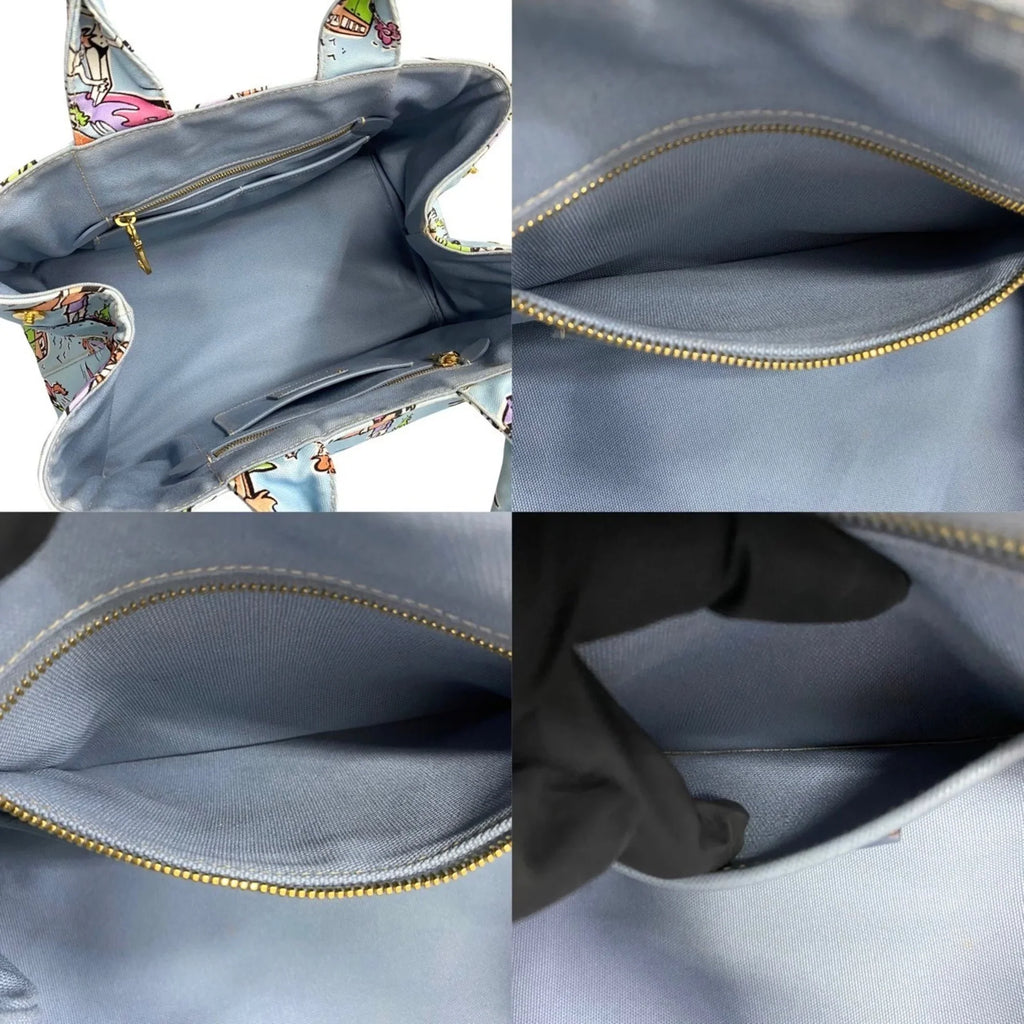 Pre-Owned  Prada Triangle Canapa Surfing Pattern Canvas Handbag Tote Bag Blue Multicolor 25905 (Good)