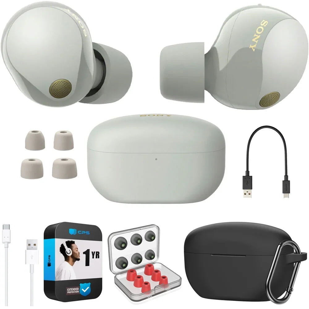 Sony -1000XM5 Industry Leading Noise Canceling Truly Wireless Earbuds (Silver) Bundle with Silicone Case (Black), Memory Foam Ear Tips, - to - Cable & 1   Enhanced Protection Pack