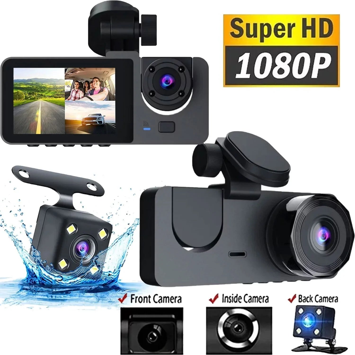 Dash Cam for Car, 1080P 3 Channel Front & Rear Inside Dash Camera, Super Night Vision, Parking Monitor, Loop Recording, with 32GB  Card
