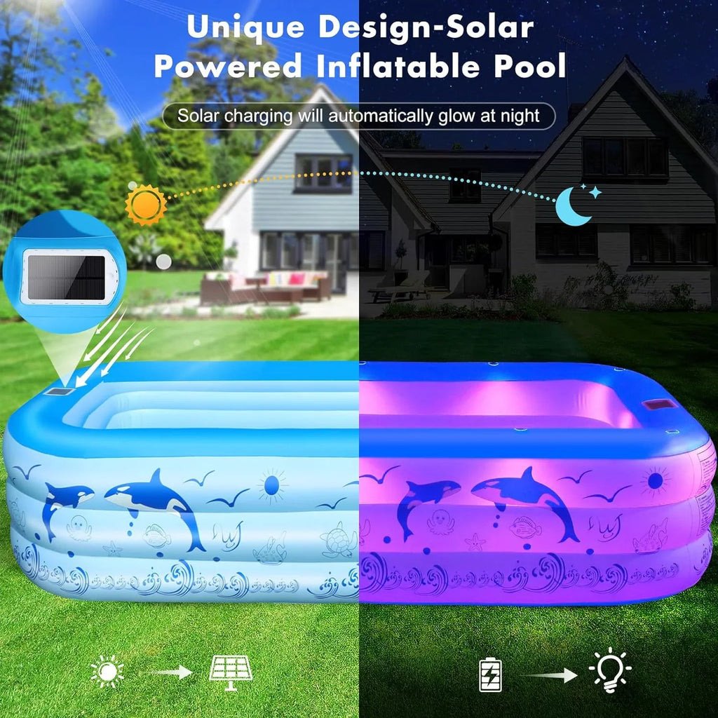 Inflatable Pool with Lights, 2024 Upgraded Family Inflatable Swimming Pool for Kids,Adults, Blow up Pool Solar Powered, Large Kiddle Pool, 105"x65"x25''Oversized Thickened Pool for Backyard