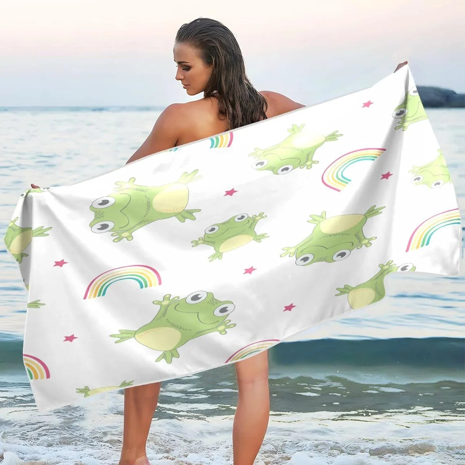 Bestwell Cartoon Frogs Beach Towel Oversized Towel Blanket, Thin Lightweight Microfiber Sand Free Quick Dry Towel, 31”” Multipurpose Pool Bath Yoga Swim Shower Towel