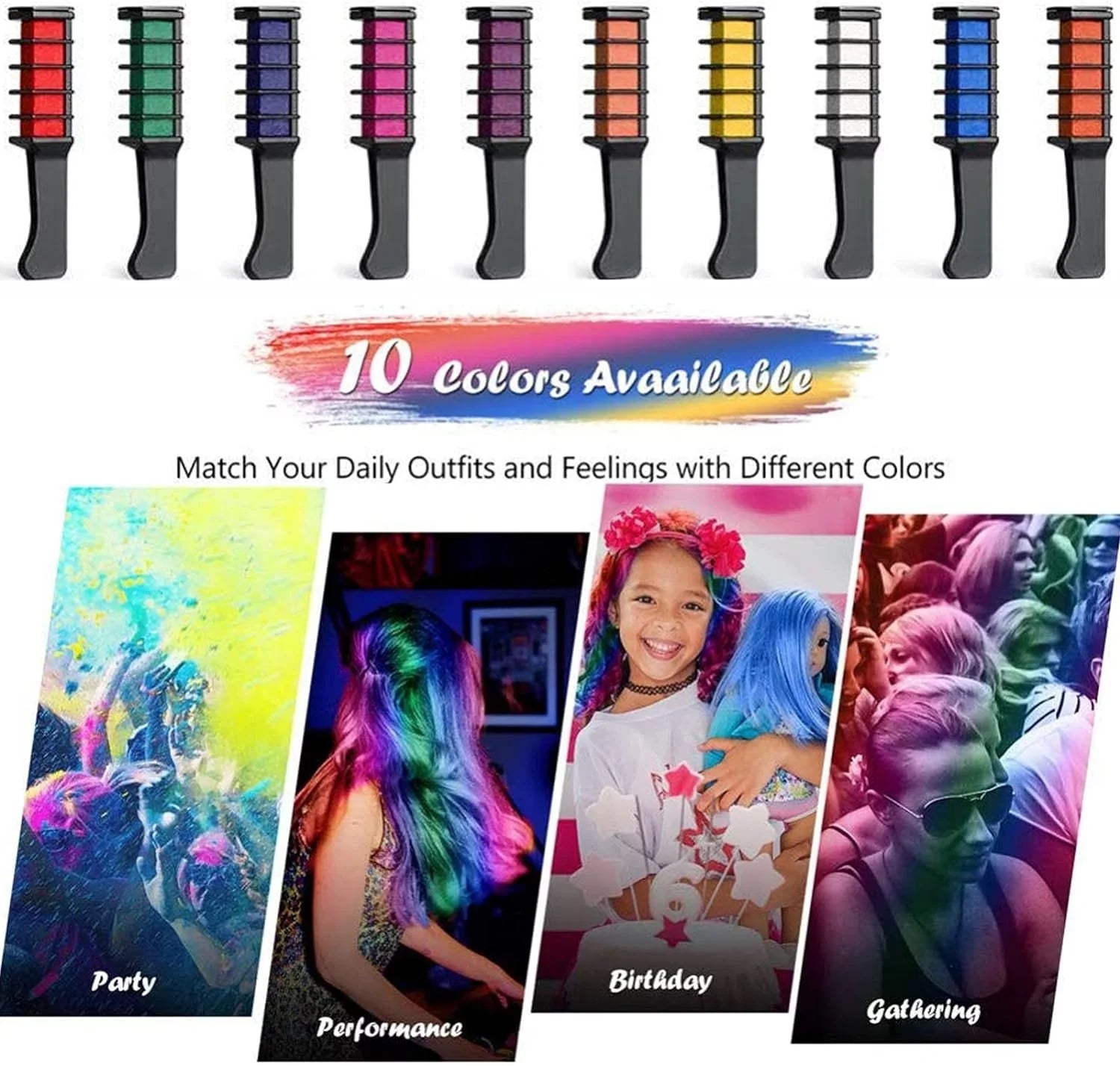 Hair Chalk Dye Combs, 10 Bright Temporary Hair Chalk Pens Easy Washable Hair Dye Pens Colourful, for Halloween Makeup Birthday for Girls Kids