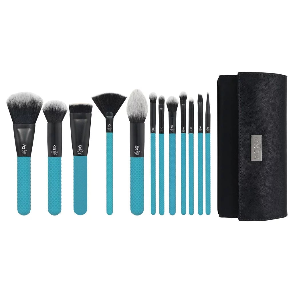 Moda Brush Pro Full Face 13pc Teal Makeup Brush Set with Wrap, Includes Flat Powder, Highlight, and Crease Makeup Brushes
