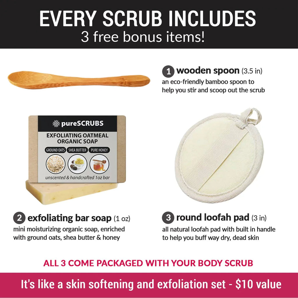 pureSCRUBS Premium Organic Body Scrub Set - Large 16oz    - Pure Dead Sea Salt Infused Organic Essential Oils & Nutrients +  Wooden Spoon, Loofah & Mini Exfoliating Bar Soap