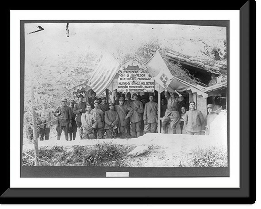 Historic Framed Print, [Group of men posed at American Red Cross station on the Grappa, Italian Front], 17-7/8" x 21-7/8"
