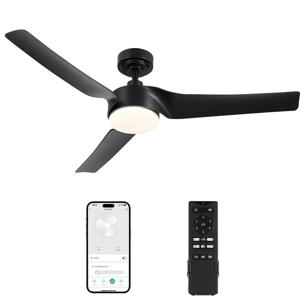 Bestco Modern 52" Smart Ceiling Fan with Dimmable Light Kit & Remote, Black