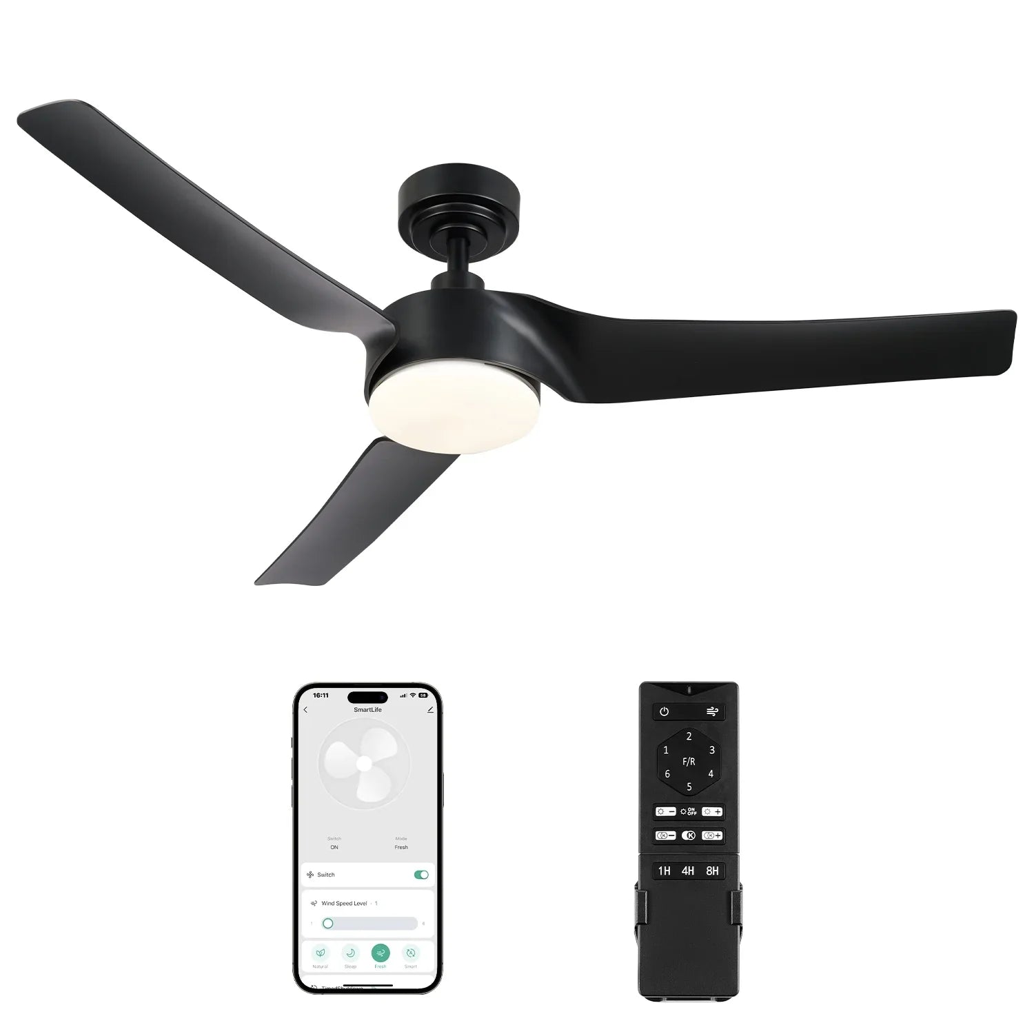 Bestco Modern 52" Smart Ceiling Fan with Dimmable Light Kit & Remote, Black