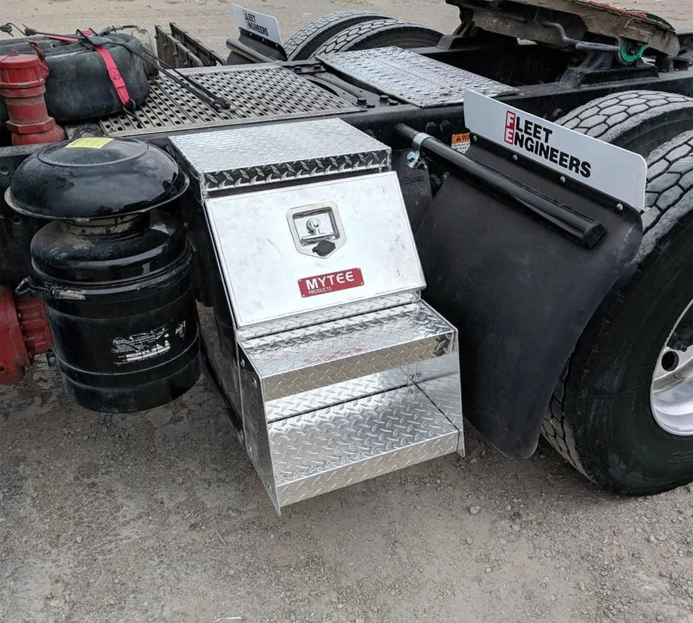 24.5"x28.4"x18" Aluminum Side Mount Semi Truck Tool Box with Saddle Step Open Wide Design & -Handle Latch Lock - Heavy Duty Weather Tight Step Tool Box for Flatbed Trailer