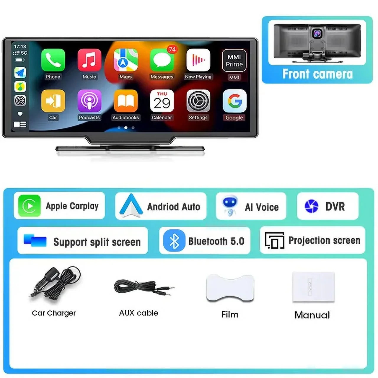 Masslatie 10.26 Inch Dash Cam Rearview Camera Carplay & Android Auto   Navigation Video Dashboard Mirror Monitor Car ,Front camera