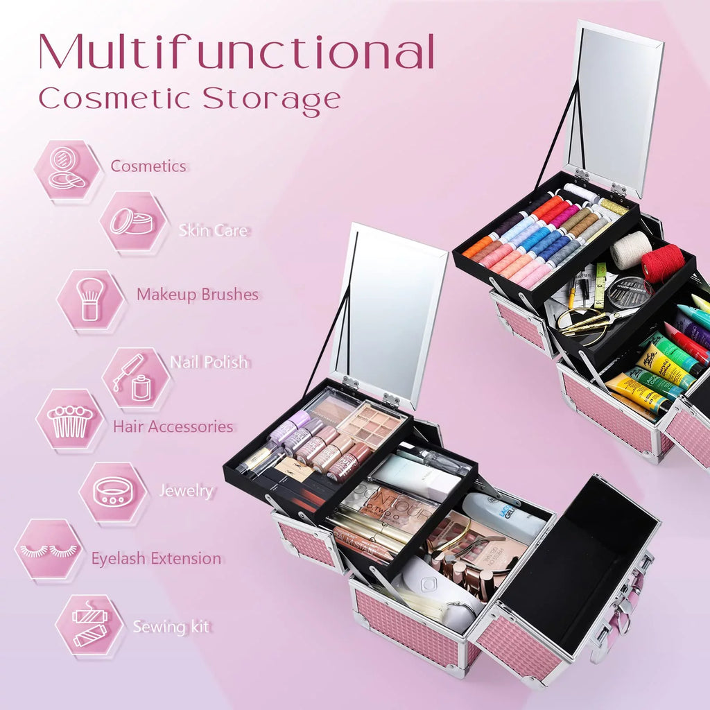 Joligrace Makeup Train Case Cosmetics Box with Mirror Lockable 2 Trays Makeup Case Organizer