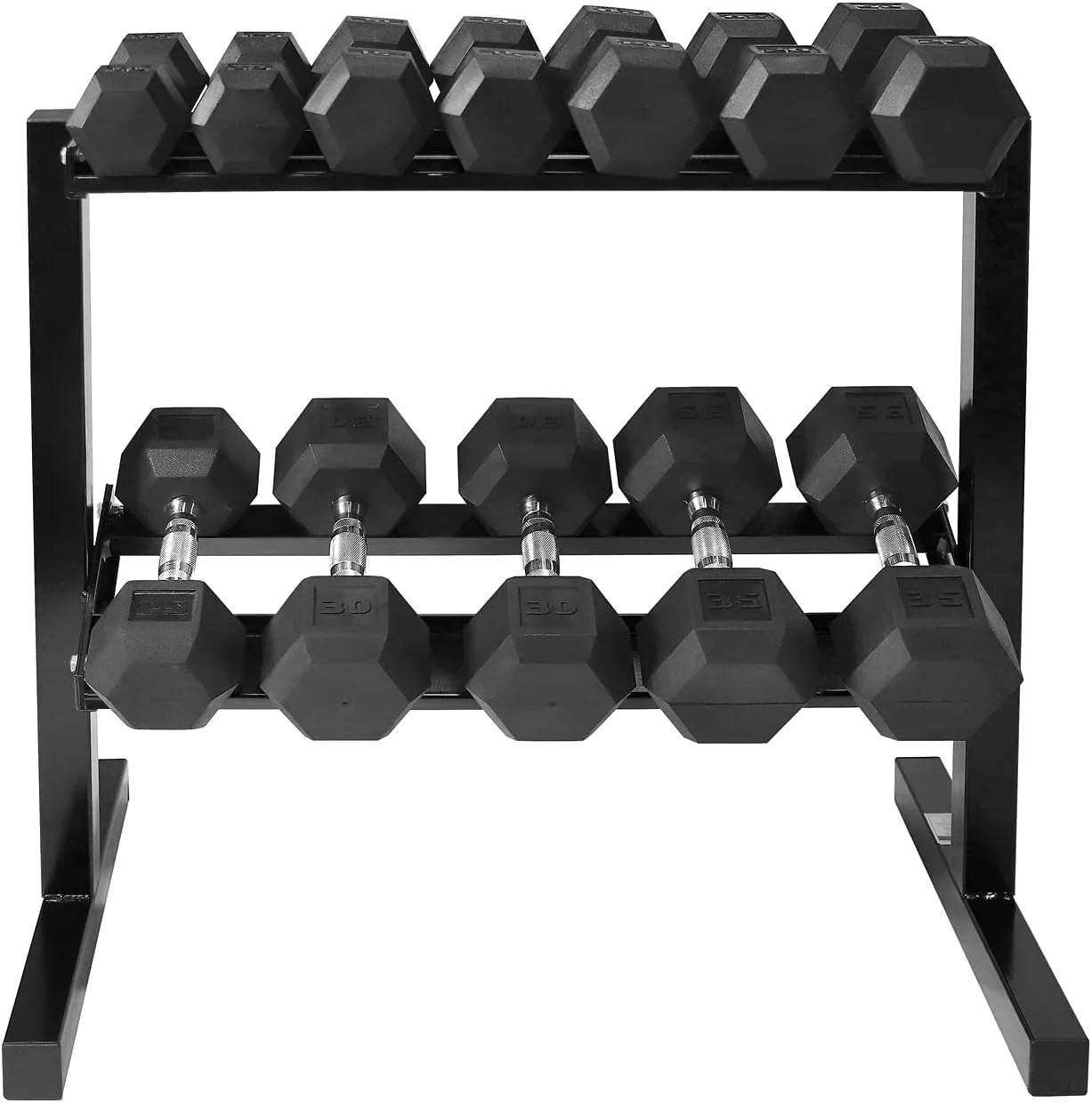 Rubber Coated Hex Dumbbell Set With Two Tier Premium Storage Rack Built For Strength Building, Weight Loss & Home Gym – Multiple Sets Available