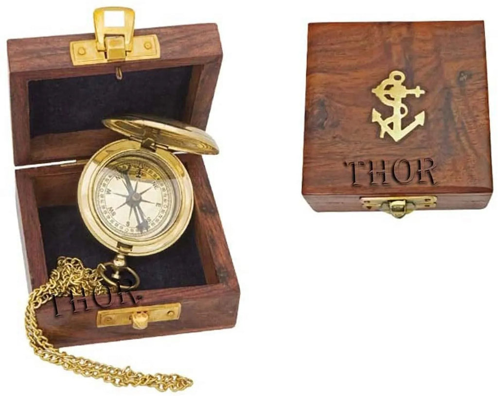 Brass Push Button Pocket Compass Marine Nautical Wooden Box Ideal for Gift