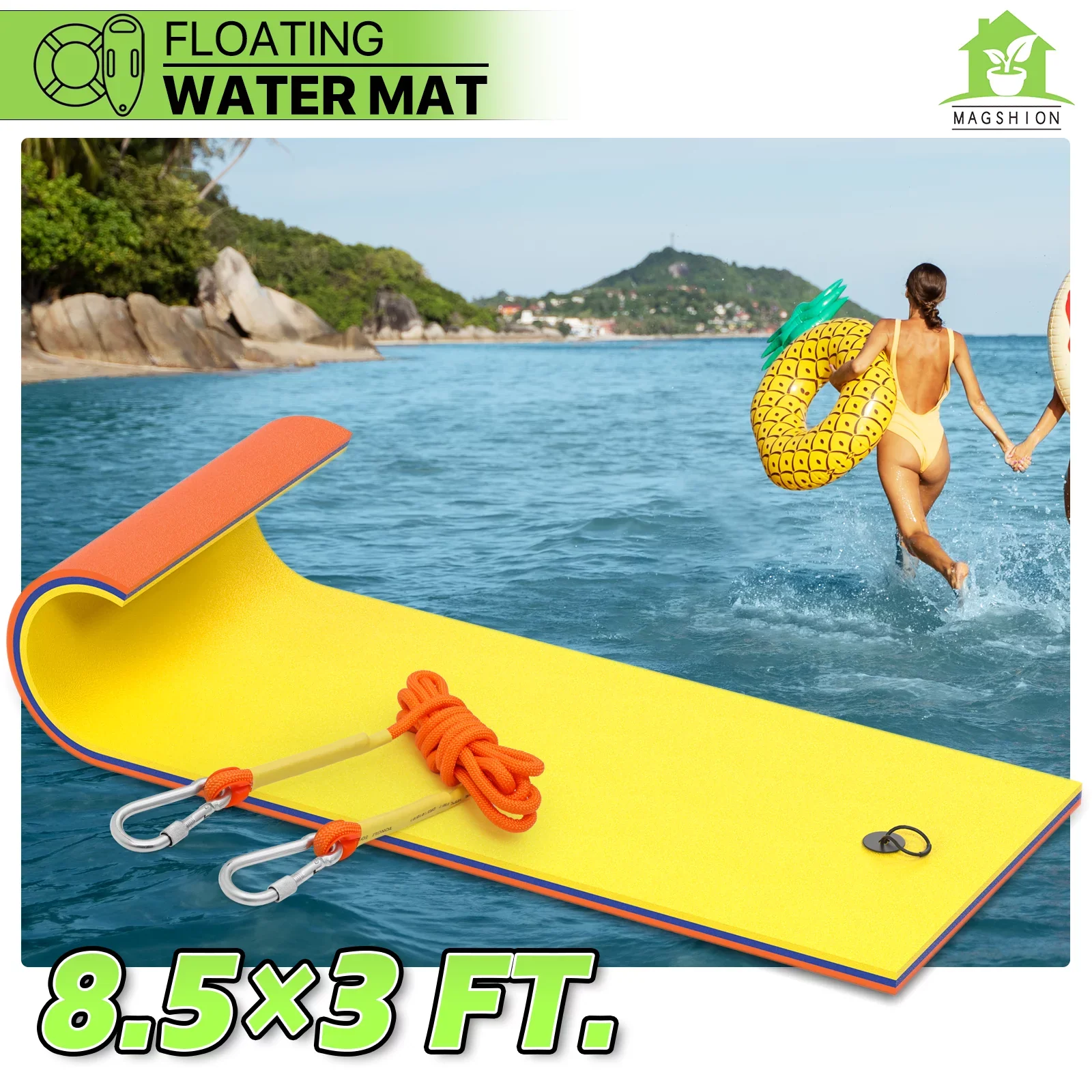 Magshion 9' x 3' Water Floating Mat, 3-Layer Tear-Resistant  Foam Water Floating Pad Lily Pad for Pool Lake River Ocean Outdoor Water Activities, Yellow