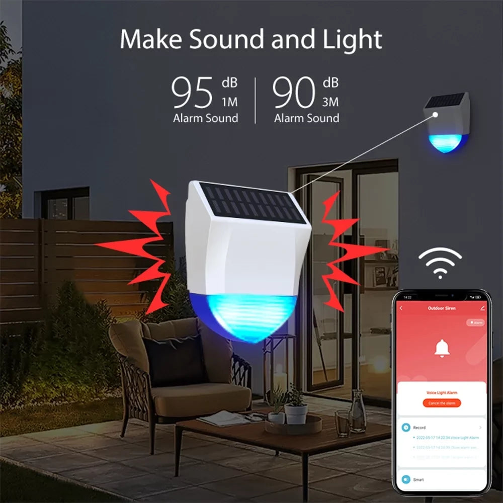Solar Powered Wifi Alarm  5.0 Smart Alarm  Waterproof Real-time Sound Light Alarm  Control Intelligent Linkage Home Device