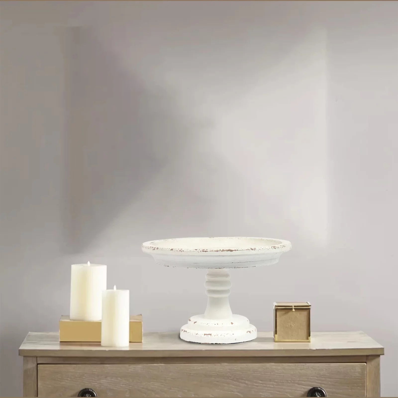 Farmhouse Wood Round Cake Stand for Table Decoration 11"x 7", Distressed Finished White