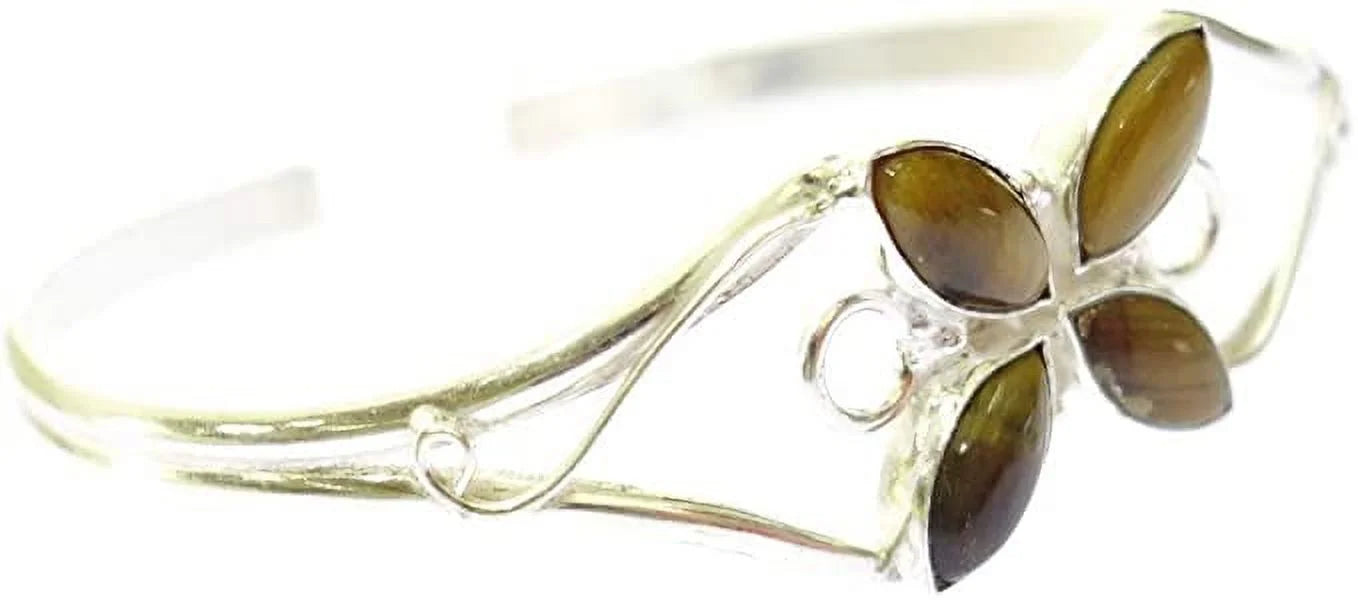 Cuff Bracelet for Women, Silver Plated Natural Tiger Eye Gemstone Tribal Bohemian Ethnic Design Handmade Fashion Designer Bracelet, Party Boho Jewelry