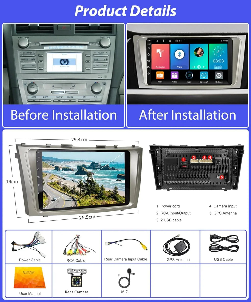 2G+32G  Carplay Android Car Stereo for Toyota Camry 2006-2011, 9 Inch Touch Screen Android Auto Car Radio Bluetooth  Navigation WiFi    Camry Radio + Backup Camera