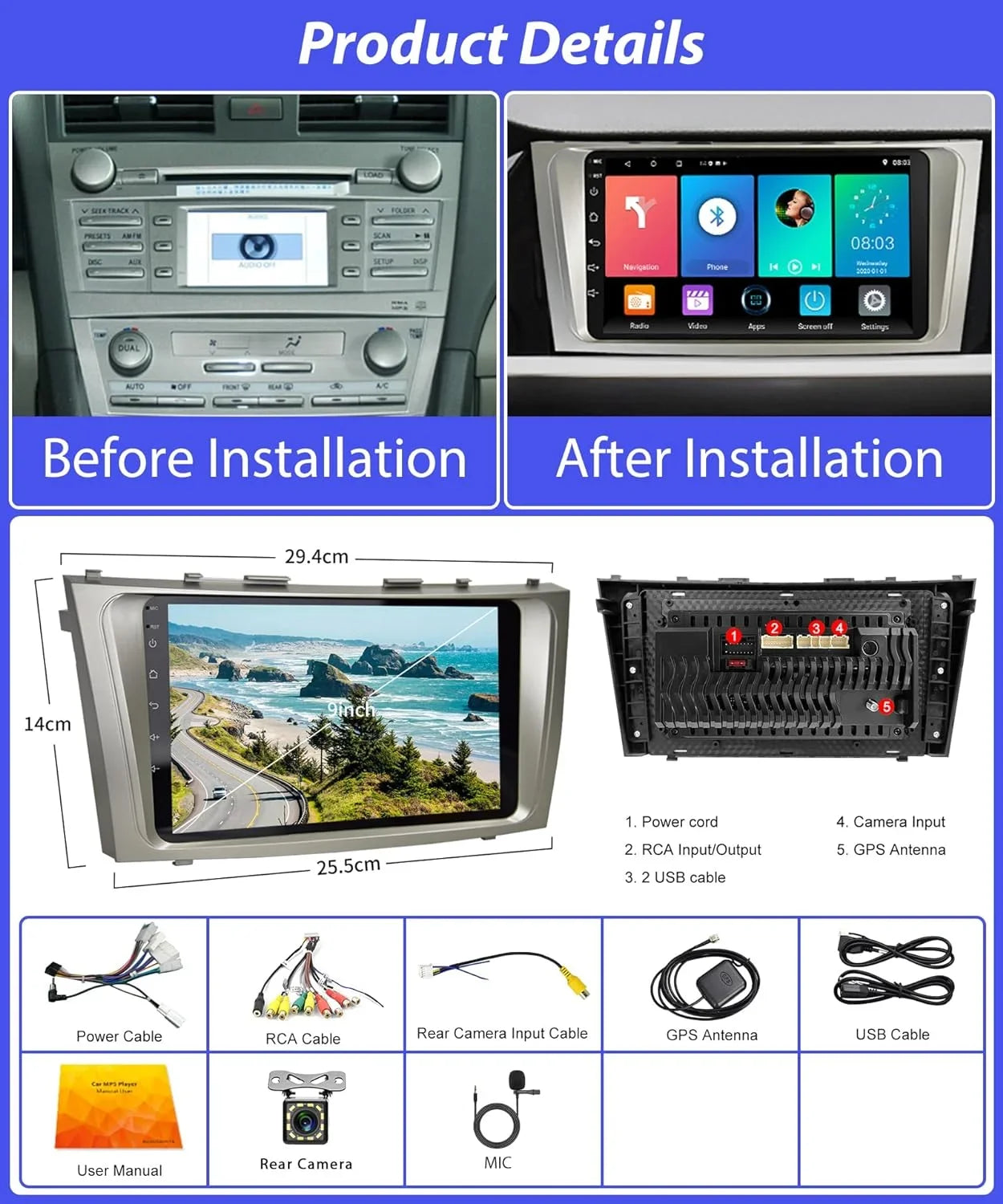 2G+32G  Carplay Android Car Stereo for Toyota Camry 2006-2011, 9 Inch Touch Screen Android Auto Car Radio Bluetooth  Navigation WiFi    Camry Radio + Backup Camera