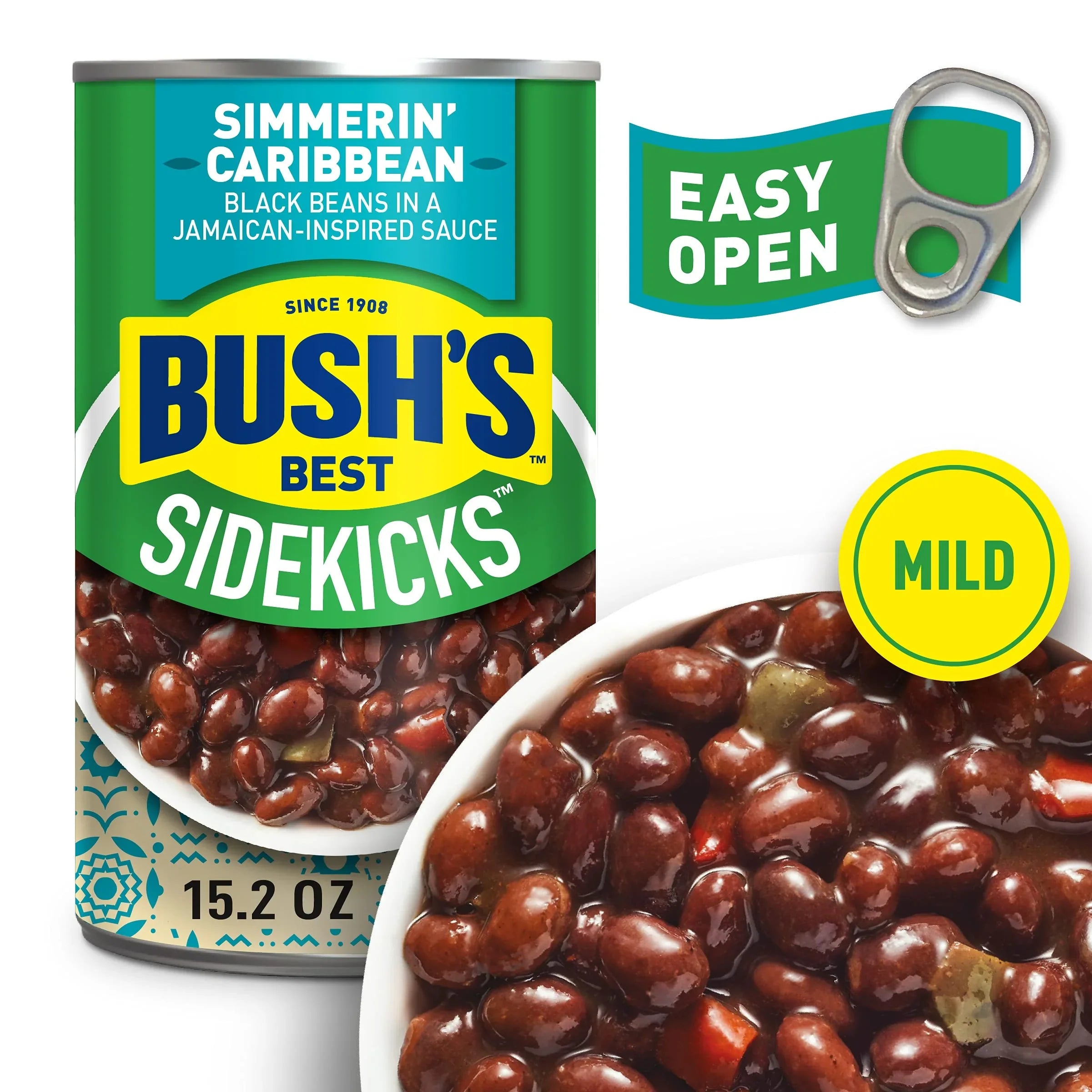 Bush, Best 15.2 Oz Canned Black Beans Simmerin, Caribbean Sidekicks, Source Of Plant Based Protein And Fiber, Low Fat, Gluten Free, (Pack Of 12)