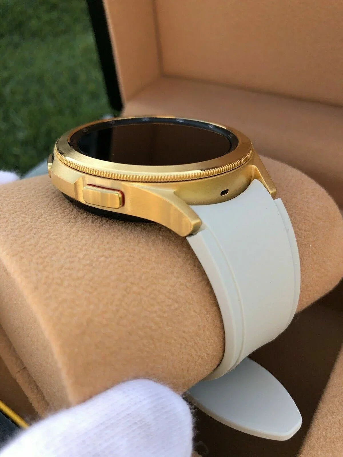 Custom 24k Gold Plated 46mm Samsung Galaxy Watch 4 Gold Bezel Gray Gold Band