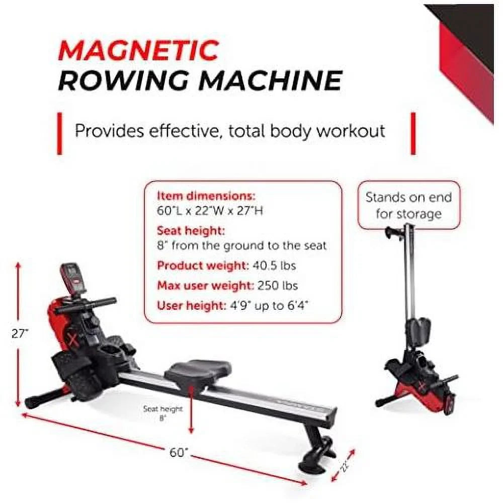 Magnetic Rower - Rower Machine With Workout App - Rowing Machine With Magnetic Resistance For Home Gym Fitness - Up To 250 Lbs Weight Capacity