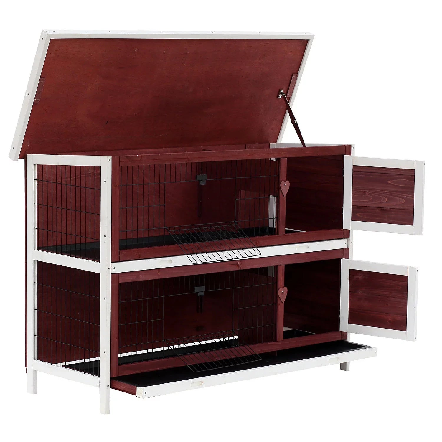PawHut 54" Elevated Wooden Rabbit Hutch with Fun Enclosed Run And Pull-Out Trays, 2-Story, Weatherproof Stackable