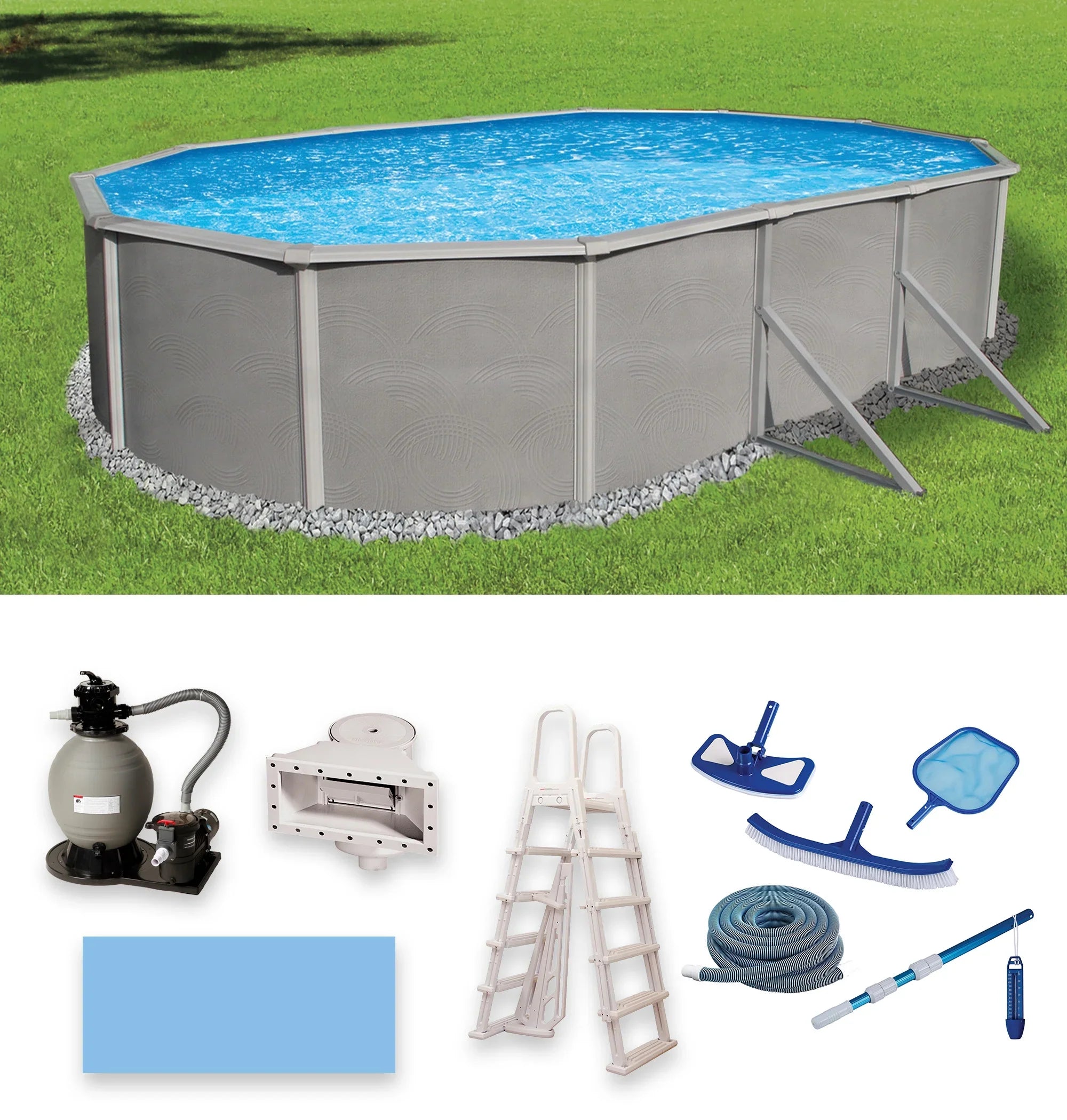 Belize 12-ft x 24-ft Oval 52-in Deep 6-in Top Rail Metal Wall Swimming Pool Package
