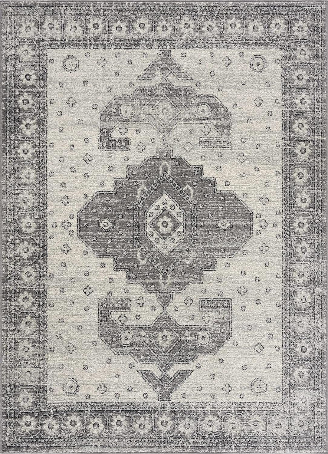 Marash Collection Goksun Persian Traditional Living Room, Bedroom, Indoor Area Rug - Oriental Medallion Pattern - Boho Vintage Distressed - Grey, Beige - 7'10"  10'