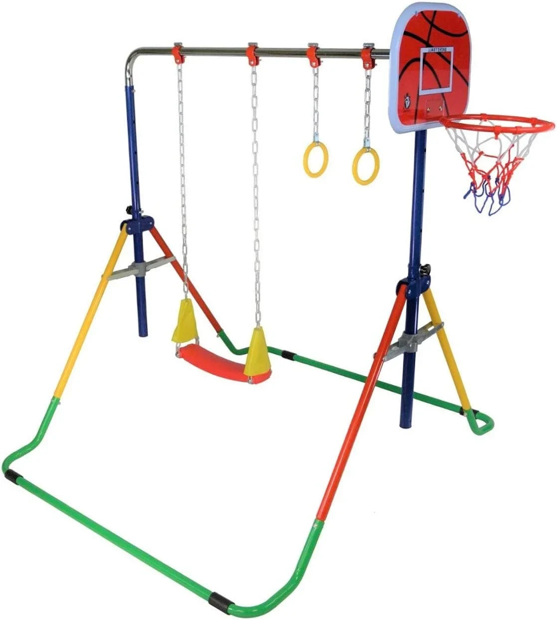 Height-Adjustable 4-in-1 Gymnastics Bar Set with Swing, Rings, Basketball Hoop - Folding Junior Training Bar for Home Gym