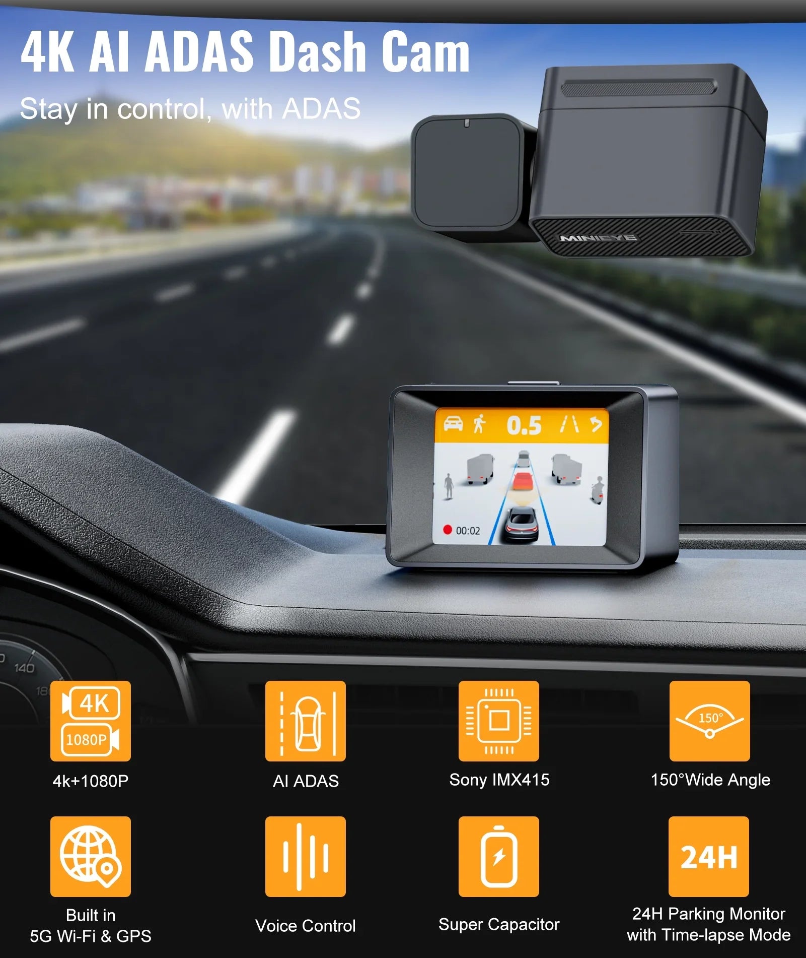 4K Dash Cam Front and Rear, Dual Dash Camera for Cars 4K+1080P -   Collision Avoidance Device, 2.4'' , Built-in 5G WiFi , , Loop Recording, Super Night Vision,   Update
