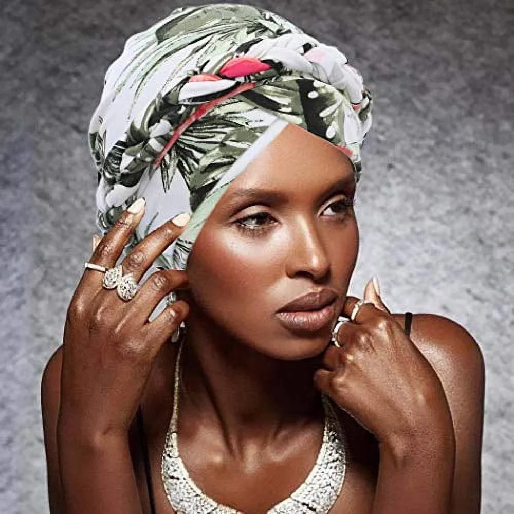 Woeoe African Turban Head Wrap Pink Pattern Head Scarf Soft Flower Print Head Cover Cap Headwear for Women and Girls(Pack of 2)