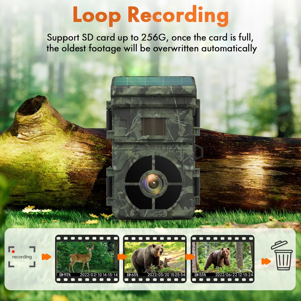 Solar Trail Camera 24MP 1080P 2500mAh Built-in Lithium Battery Rechargeable Game Camera with Night Vision Waterproof  0.1s Trigger Speed 120°Wide Angle 2.0"  Hunting Cam with  Card