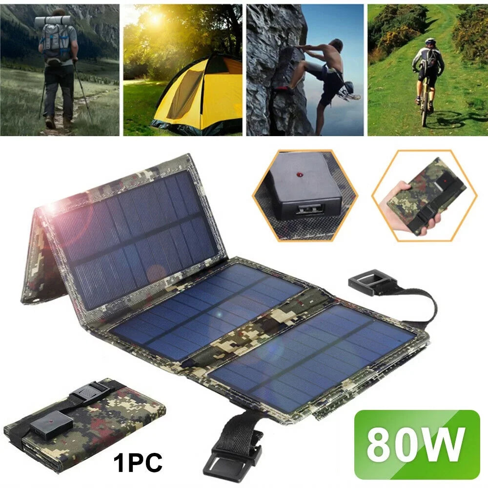 Outdoor 80W  Solar Panel Folding Power Bank Camping Hiking Phone Charger