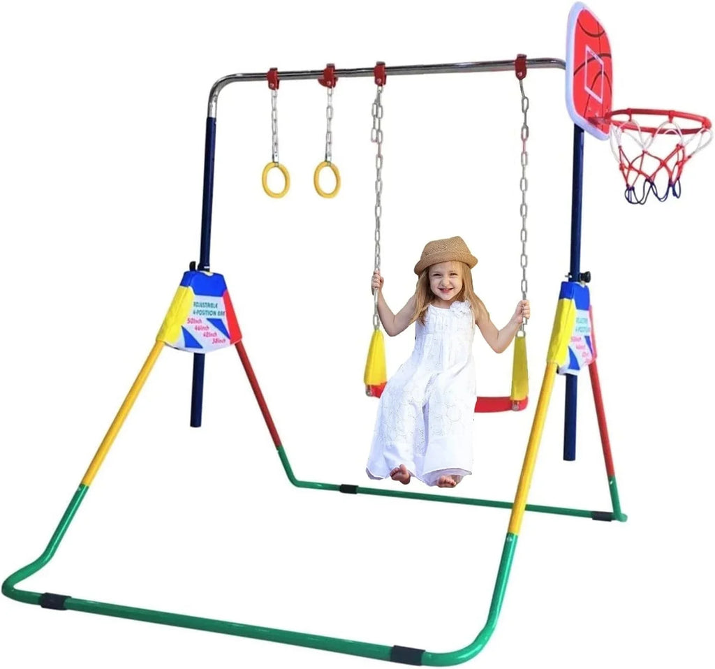 Height-Adjustable 4-in-1 Gymnastics Bar Set with Swing, Rings, Basketball Hoop - Folding Junior Training Bar for Home Gym