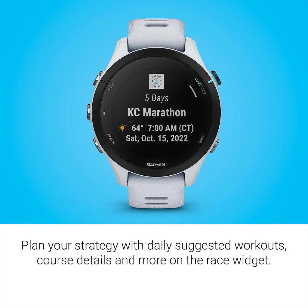 Garmin Forerunner 255S Music, Smaller  Running Smartwatch with Music, Advanced Insights, Long-Lasting Battery, Whitestone with Charging Base, Workout Towel, 6Ave Travel & Cleaning Kit