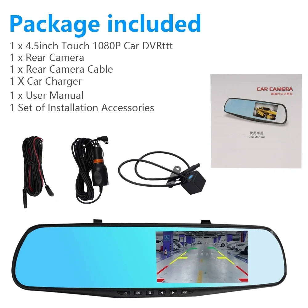 4.3"  1080P Dual Lens Car ，Dash Cam Video Camera Recorder Rearview Mirror