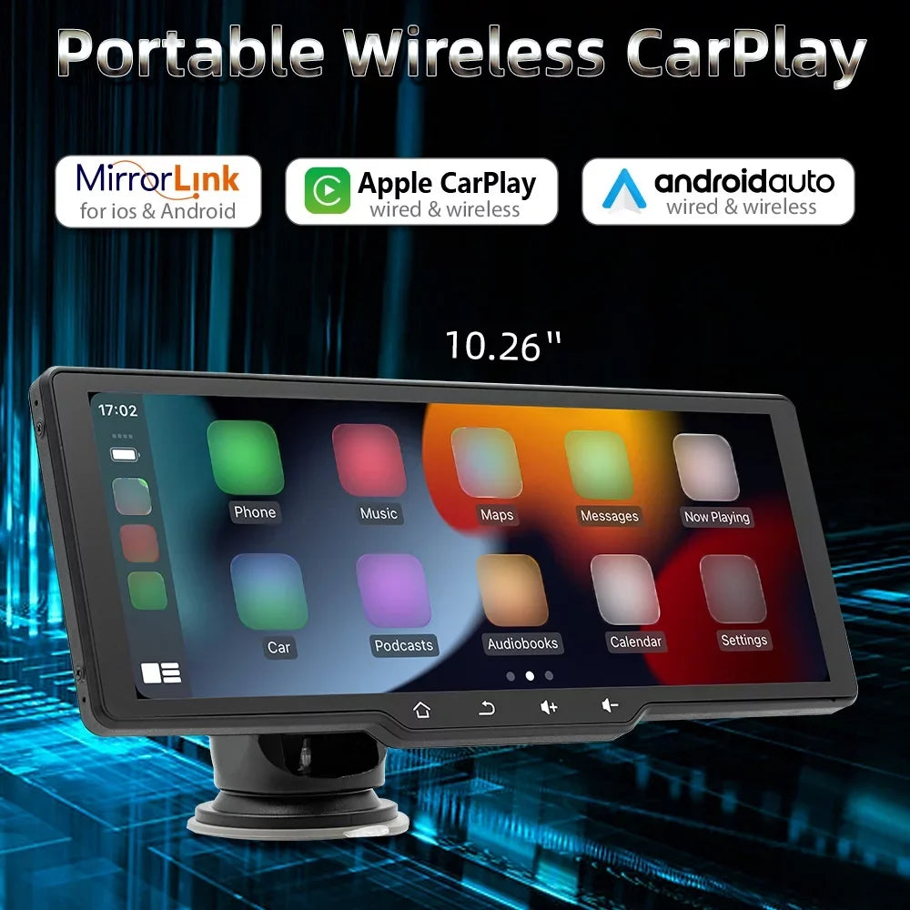 Apexeon Car Player， Portable Wireless CarPlay, Multi-language Car Video Recorder, Auto Camcorder, 10.26in Car Rearview Camera, Mobilephone  Control