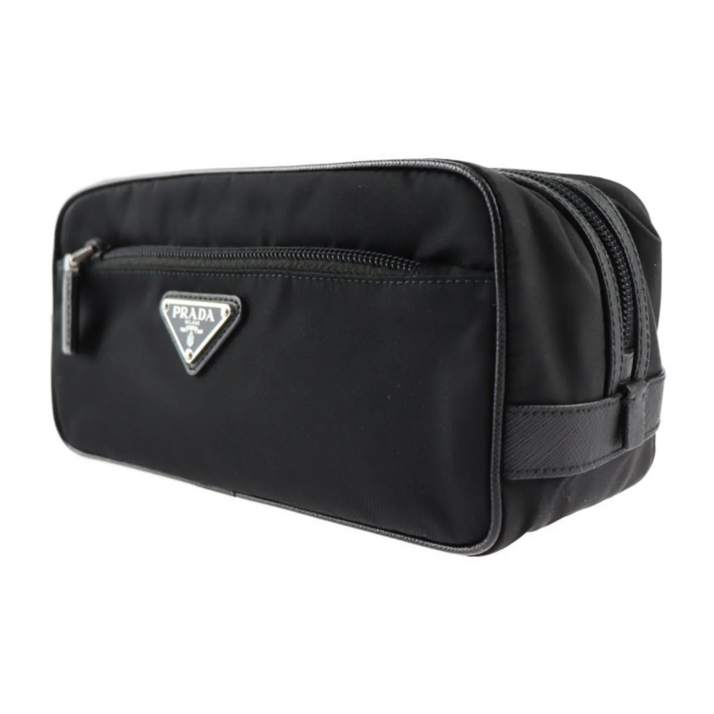 Pre-Owned  Prada second bag 2NA819 nylon leather black silver hardware clutch handbag triangle logo (Good)