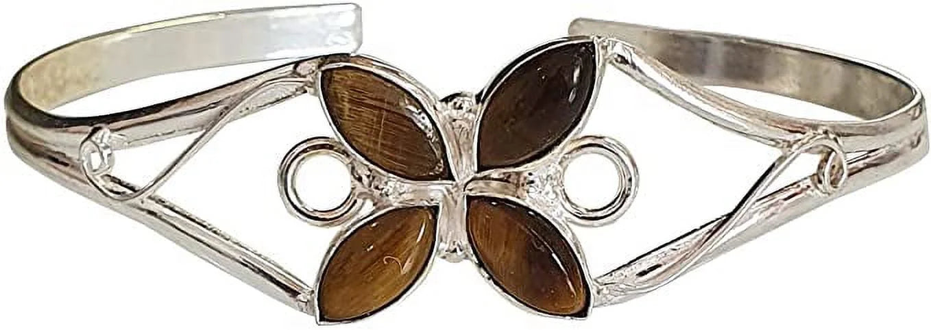 Cuff Bracelet for Women, Silver Plated Natural Tiger Eye Gemstone Tribal Bohemian Ethnic Design Handmade Fashion Designer Bracelet, Party Boho Jewelry