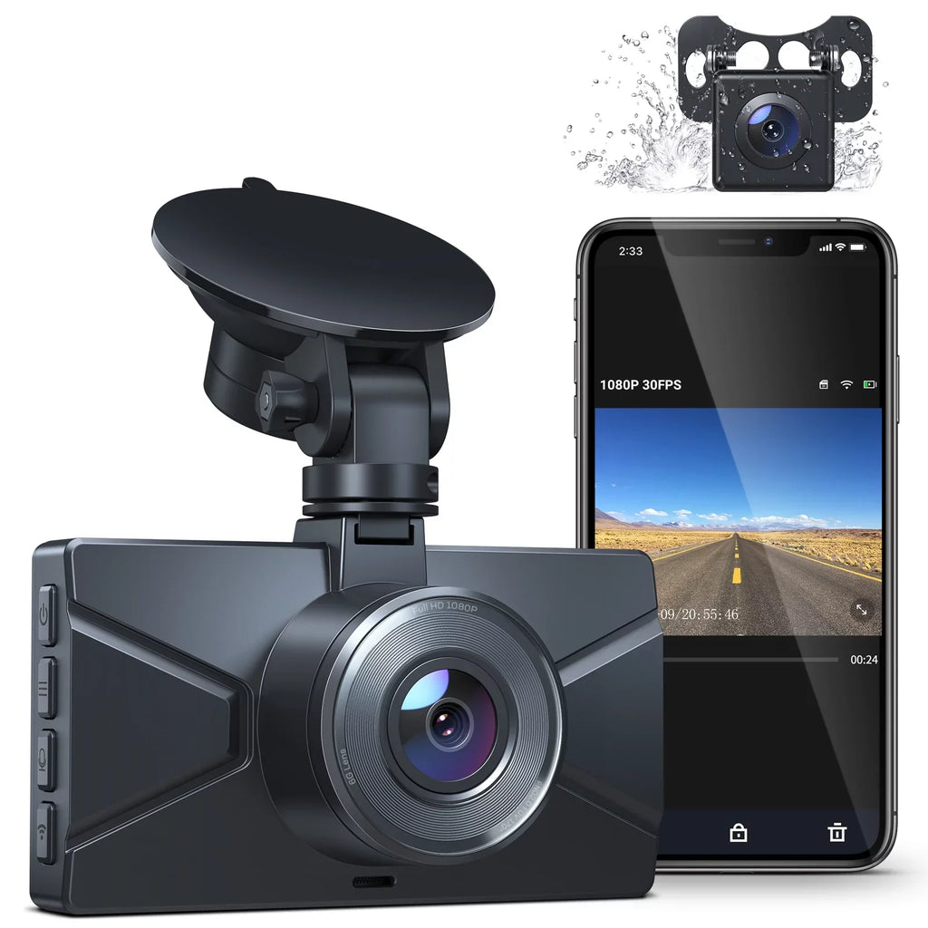 Dash Cam 1080P Full  Front and Rear 3 Inch Car Cam 170°Wide Angle Screen, Black