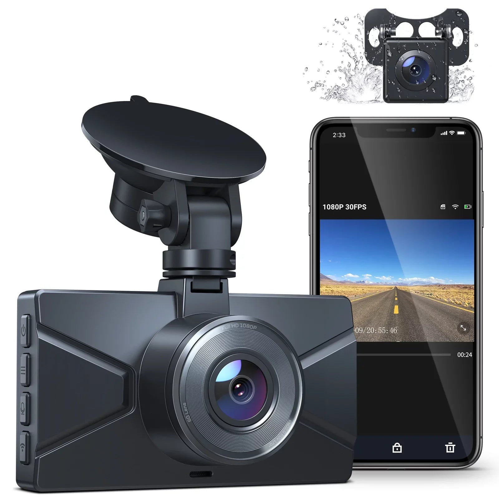 Dash Cam 1080P Full  Front and Rear 3 Inch Car Cam 170°Wide Angle Screen, Black