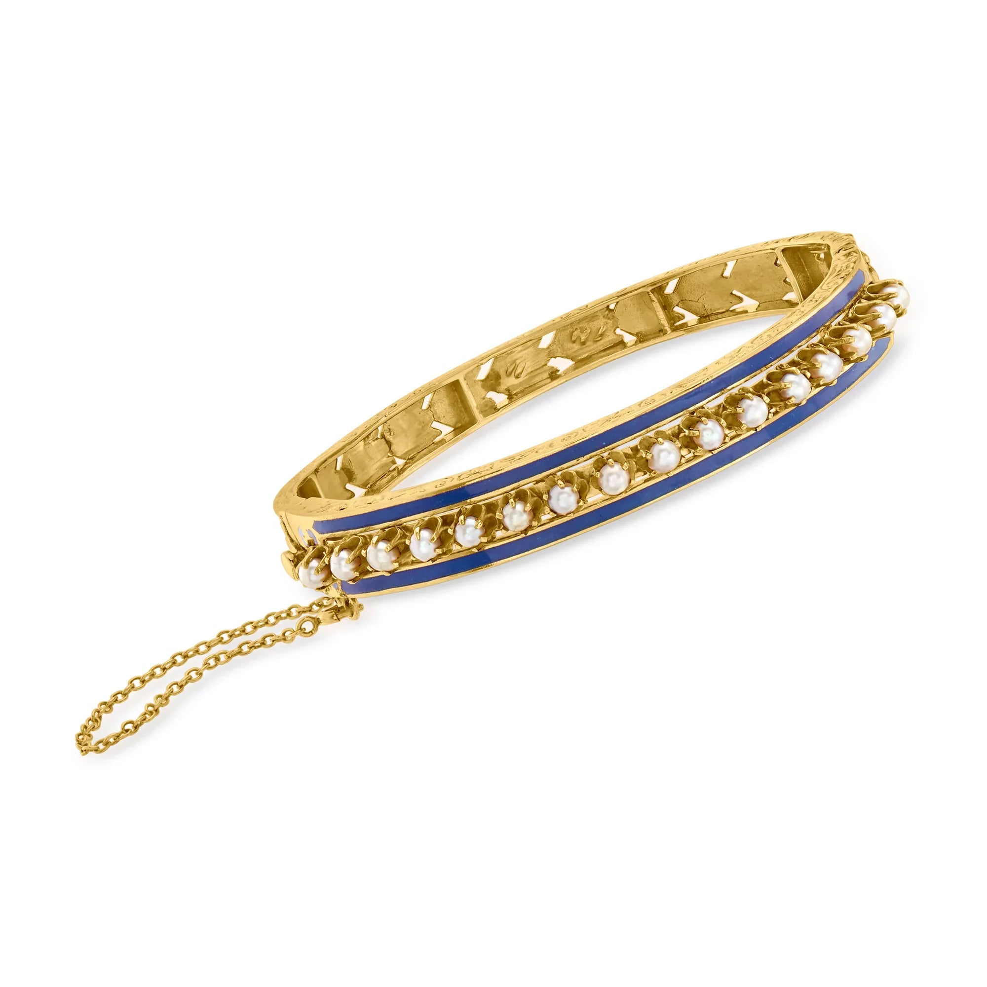Pre-Owned Ross-Simons . 1980 Vintage 3mm Cultured Pearl Bangle Bracelet With Blue Enamel in 14kt Yellow Gold, Women's, Adult, (Good)