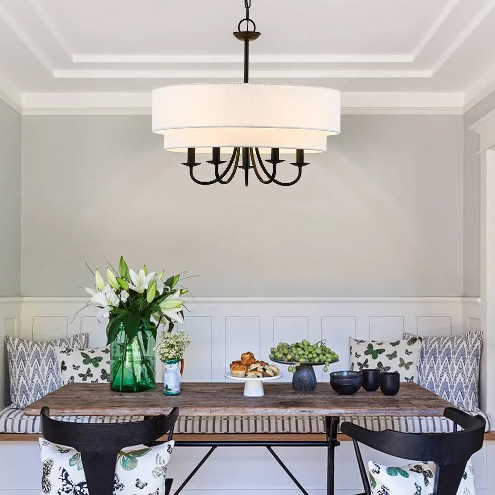 Martina 5-Light Black Chandelier Light with White Double Drum Shade - 21.5"