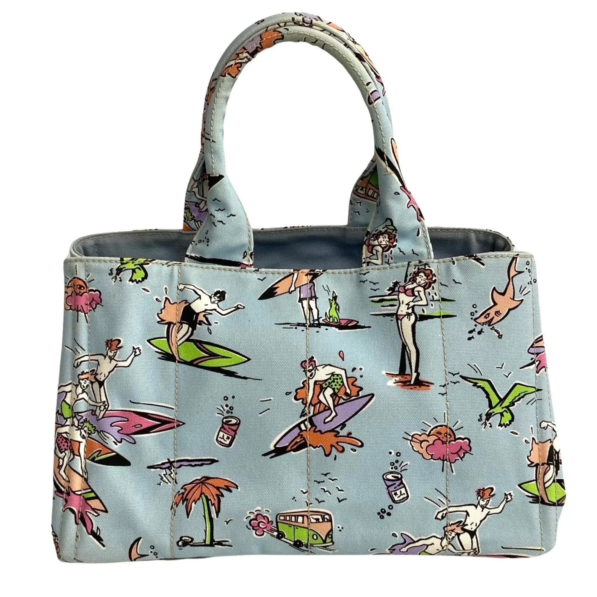 Pre-Owned  Prada Triangle Canapa Surfing Pattern Canvas Handbag Tote Bag Blue Multicolor 25905 (Good)