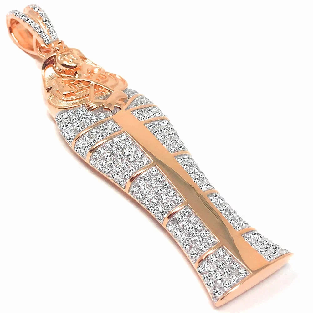 3.25'' 10K Rose Gold On Real Sterling Silver Lab Diamonds Egyptian Pharaoh King Tut Mummy Pendant Charm