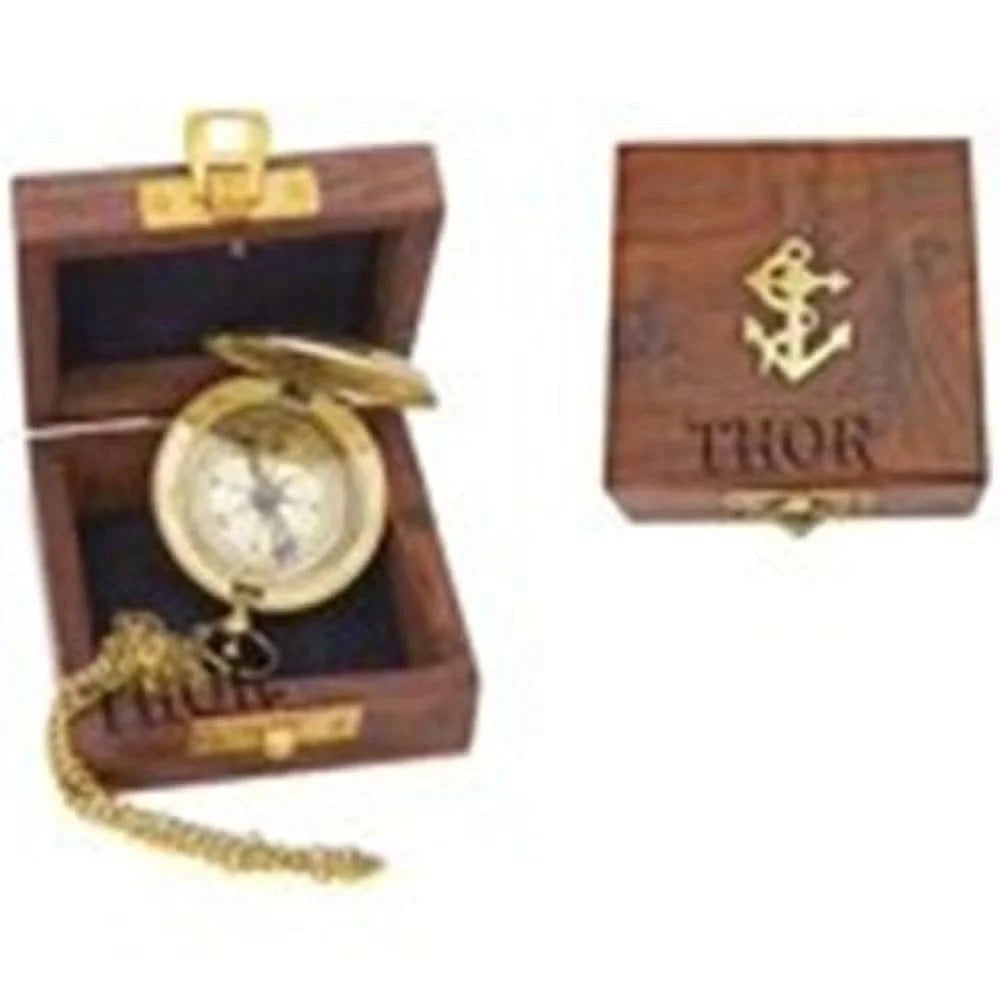 Brass Push Button Pocket Compass Marine Nautical Wooden Box Ideal for Gift