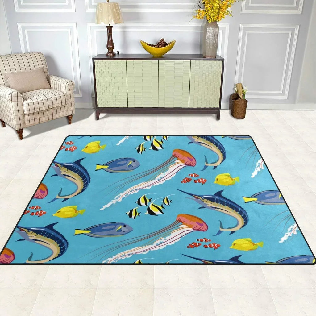 Bestwell Lightweight Soft Area Rugs Sea Fish Jellyfish Marlin Floor Mat for Kids Playing Room Hardwood Floor Living Room 80 x 58 inch（6'8" x 4'10"） Nursery Rugs Home Decor Gift