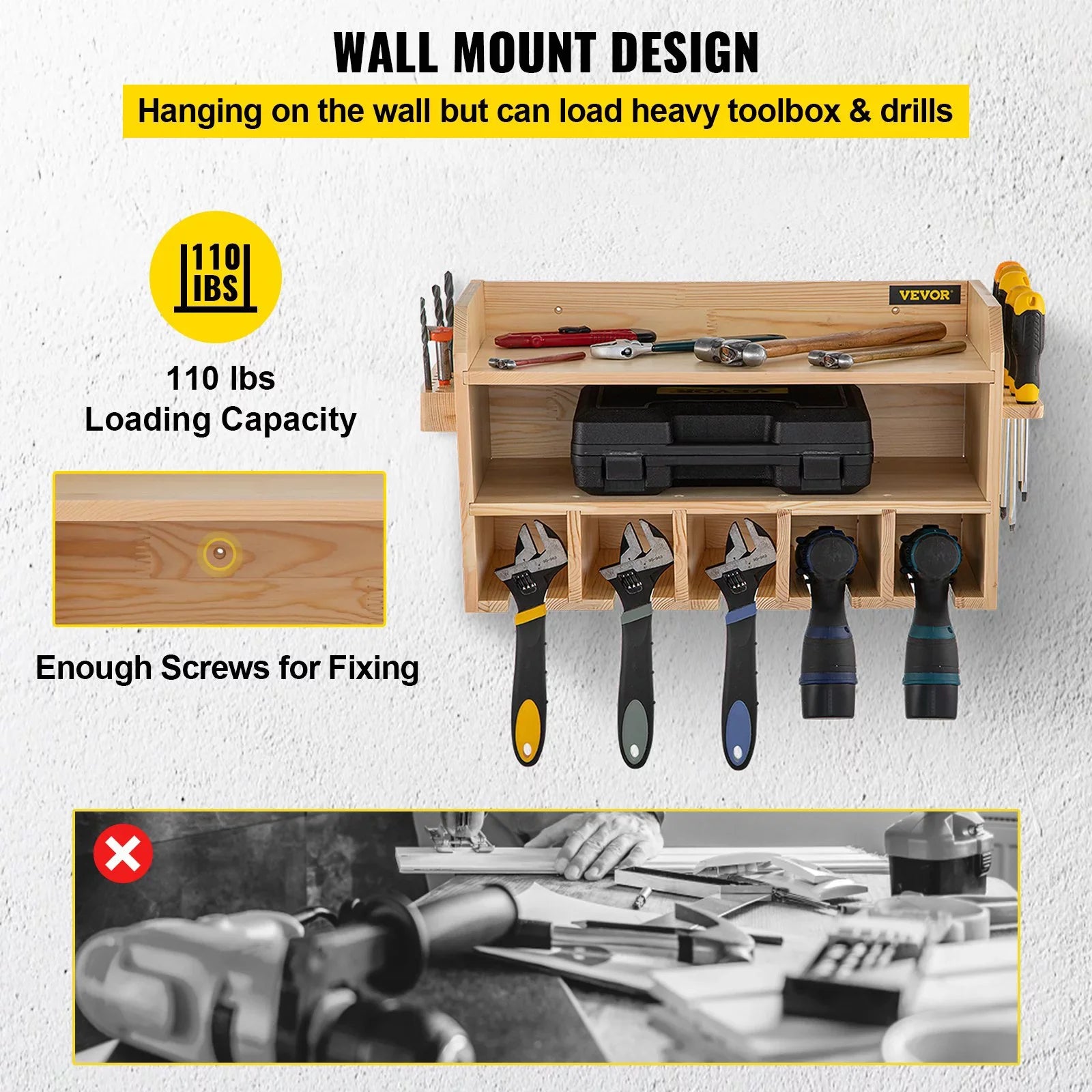 Wall Mount Drill Organizer, 5 Drill Slots, 2-Shelf Tool Storage, Polished Wood